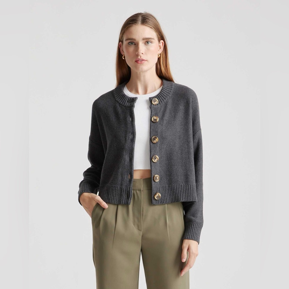 Quince 100% Organic Cotton Cropped Cardigan Charcoal Gray XS